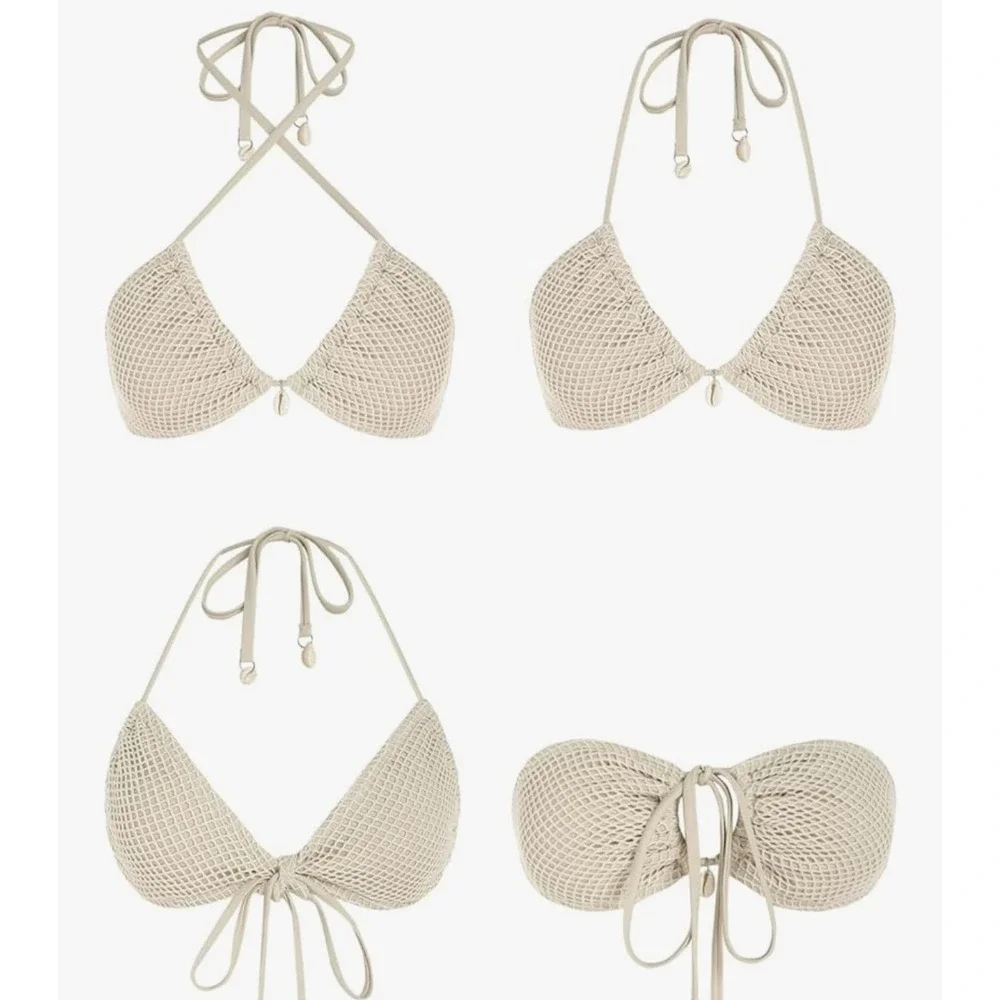 Zaful Beige‎ Crochet Bikini Set US 4 Halter Tie Swimsuit Beach Vacation